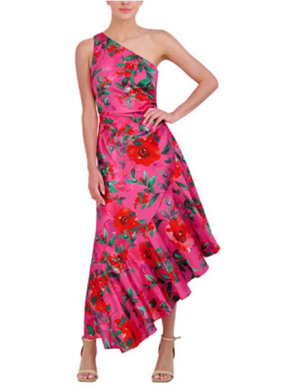 Eliza J Pink One-Shoulder Floral Asymmetrical Dress
